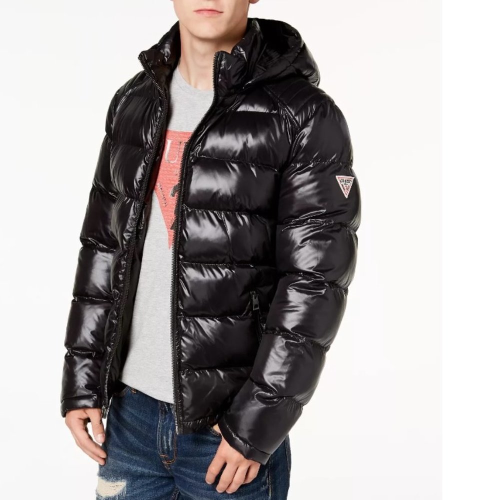 GUESS Men's Hooded Puffer Jacket gloss black color size small